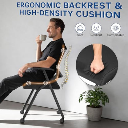 Folding Office Chair with Wheels & Cushion, Stackable Chair with Breathable Mesh Back for Conference Guest Reception, Seminar Training Classroom - color: Folding Chair With Wheels