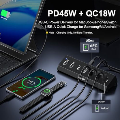 7 in 1 USB C Hub with 10Gbps Data Transfer, PD 45W & QC 18W Fast Charging - color: Black