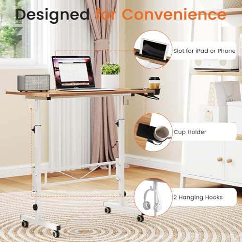 Hadulcet Small Standing Desk with Wheels, Rolling Desk Adjustable Height - color: Oak, size: 31.5" without Charging