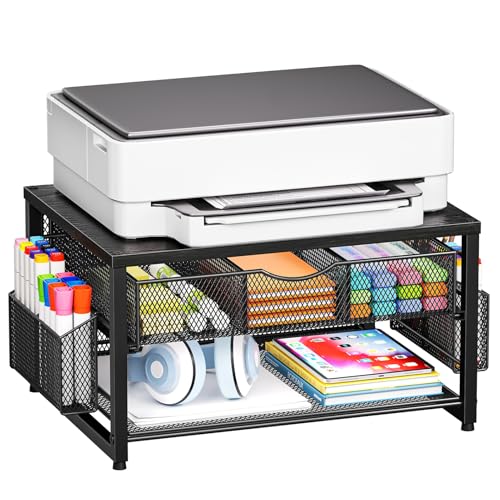 Marbrasse Wood Printer Stand for Desk, 2-Tier Desktop Printer Table for Home Office, Printer Stand with Storage Drawer 2 Pen Holders, Multi-Purpose Desk Organizer for Fax Machine Scanner (Wood Black) - color: Wood Black