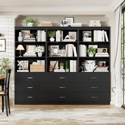 FOTOSOK 71" Black Bookshelf with 3 Drawers, Tall Bookshelf and Bookcase | 6-Tier Wide Bookshelf with 3 Open Shelves, Tall Bookcase Large Book Shelf Standing Book Case for Home Office, Whit - color: Black