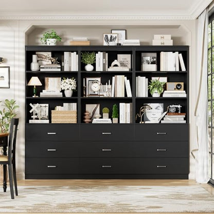 FOTOSOK 71" Black Bookshelf with 3 Drawers, Tall Bookshelf and Bookcase | 6-Tier Wide Bookshelf with 3 Open Shelves, Tall Bookcase Large Book Shelf Standing Book Case for Home Office, Whit - color: Black