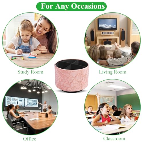 Round Leather Art Supply Organizer,Remote Control Holder,360 Degree Spinning,Multi-Functional Pencil Holder,4 Compartments Desktop Stationary Organizer(1-Carved Pink) - color: 1-Carved Pink