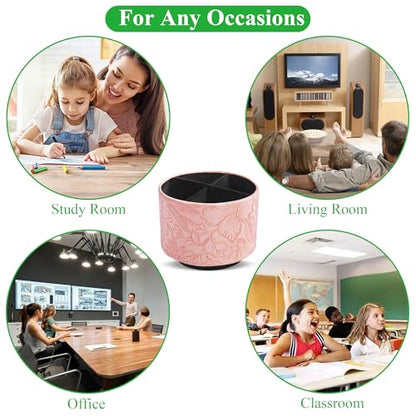 Round Leather Art Supply Organizer,Remote Control Holder,360 Degree Spinning,Multi-Functional Pencil Holder,4 Compartments Desktop Stationary Organizer(1-Carved Pink) - color: 1-Carved Pink