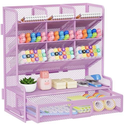 Marbrasse Larger Mesh Desk Organizer with Drawer, Multi-Functional Pen Pencil Holder, Easy Assembly, Desk Organizers and Accessories for Office Art Supplies (Purple) - color: Purple, size: 9.8"*9.6"*5.4"