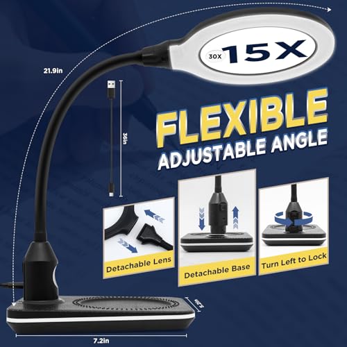 Rechargeable Magnifying Glass with Light and Stand for Reading & Close Work | Dual 15X/30X Lens • 3600mAh Rechargeable • 4.1" Lens • 6 Lighted Modes • Adjustable Brightness • Flexible Gooseneck