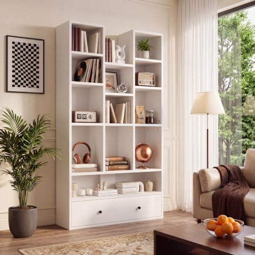 PUKAMI 65" Tall Bookshelf with Drawers, 4-Tier Open Display Bookcase with 11 Storage Cubes, Modern Freestanding Organizer for Living Room Home Office, White - color: White