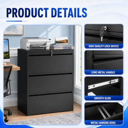 3 Drawer File Cabinet with Lock, Metal File Cabinet, Black - color: Black, size: 40.4"H - 3 Drawer