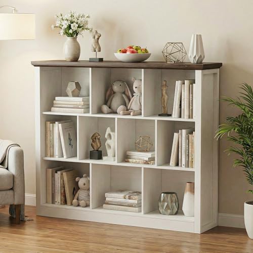 Unikito Cube Storage Shelf, Open Cube Bookshelf with Base, White/Brown - color: Warm White/Brown, size: 10 Cube (50"W x 38.7"H)