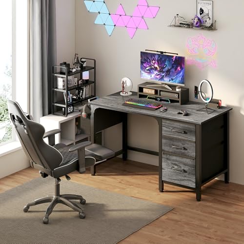 Lufeiya Computer Desk with File Drawers Cabinet, 47 Inch Home Office Desks with Filing Cabinet for Small Space, Gaming Study Writing Table PC Desks, Gray - color: Grey, size: 46.6"