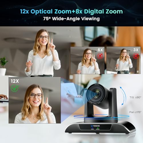 12x Zoom Conference Room Video Camera System, Al Auto-Tracking HD 1080P 60fps 12X Optical Zoom USB3.0 HDMI PTZ Camera 75° FOV and Bluetooth Conference Speaker with Microphones Bundle for Medium Room - color: Jet