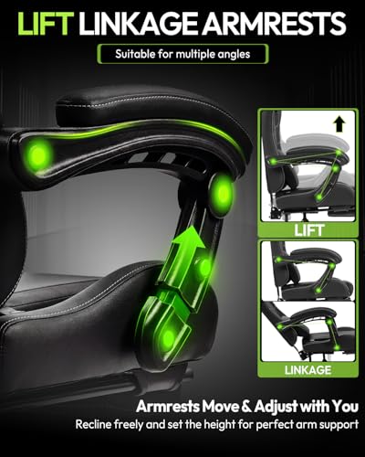 Dowinx Ergonomic Gaming Chair with Footrest & Massage Lumbar, 2D-Linkage Armrests for Computer Chair 330lbs with Headrest Pillow for Office, Home, Streaming and Long Gaming Sessions, Black - color: Black