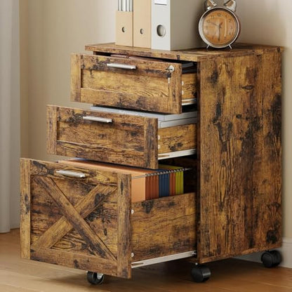 Garvee 3-Drawer Mobile File Cabinet with Lock, Under Desk Storage Drawers - color: Rustic Brown