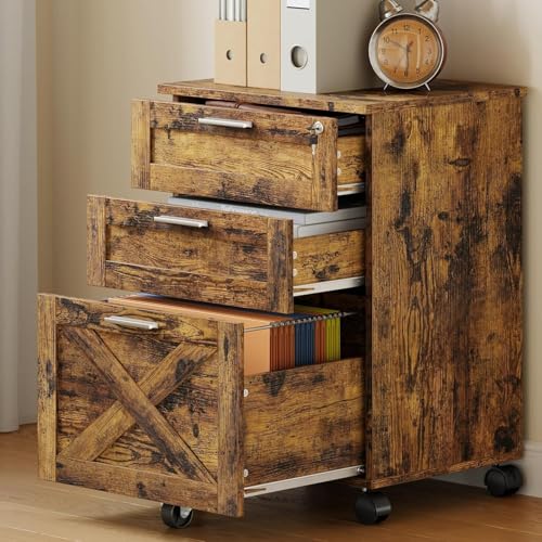 Garvee 3-Drawer Mobile File Cabinet with Lock, Under Desk Storage Drawers - color: Rustic Brown