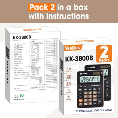 2 Pack Calculator, 12 Digit Desk Calculator with Large LCD Display & Big Buttons, Dual Power Solar & Battery, Standard Basic 4 Function Calculator - color: 2 Pack