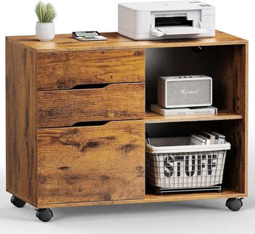 Healsmart Multifunction File Cabinet with Wheels, 3-Drawer Rolling Storage Organizer with Wood Top & Adjustable Shelf, Mobile Filing Cabinet Printer Stand for Home Office Small Space, Brown - color: Brown, style: Upgrade