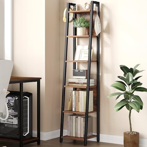 Hzuaneri Ladder Shelf, 6 Tier Narrow Bookshelf with 2 Back Panels | Corner Storage shelf with 2 Hooks, for Home Office, Living room and Bedroom, 12.2"D x 12.2"W x 63"H, Rustic Brown BC31601B - size: 12.2"D x 12.2"W x 63"H
