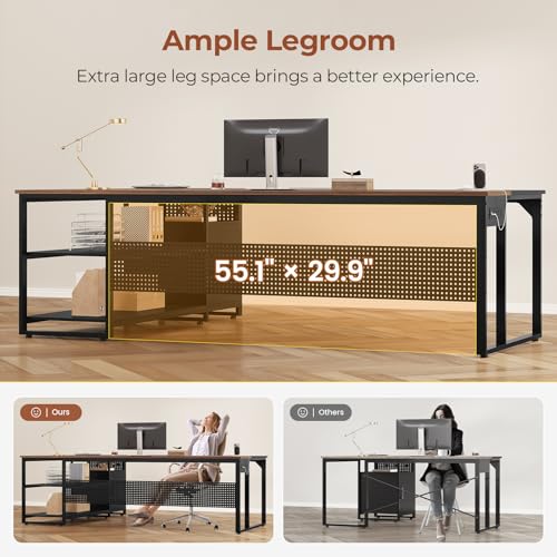 UPOSOJA 71" Executive Desk, Reversible L Shaped Desk with Mobile File Cabinet & Power Outlets, Large Office Desk with Drawers, Storage Shelves, Hooks, Corner Computer Desk for Home Office (Walnut)