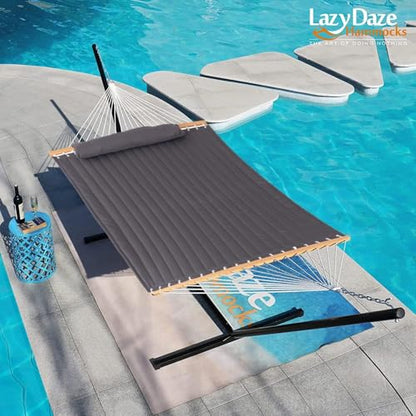 Lazy Daze Double Quilted Hammock with Pillow for Outside, Fit 13-15Ft Stand - color: Dark Gray