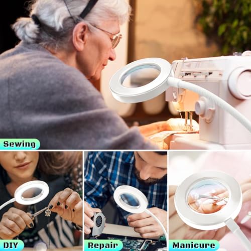 10X Magnifying Glass with Light and Stand,Hands Free Clip on Magnifier Lamp - color: White