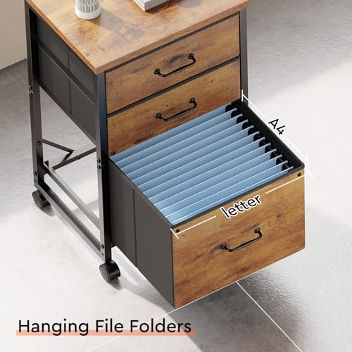 Maihail 3 Drawer File Cabinet with Wheels with Open Storage Shelf, Rustic Brown2 - color: Rustic Brown2
