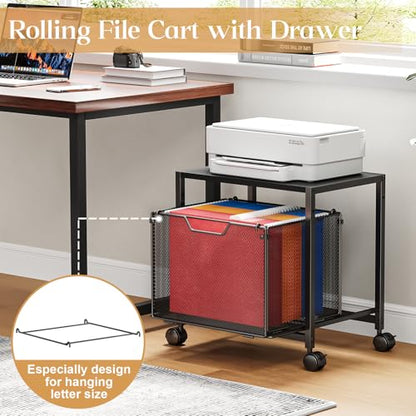 JKsmart Under Desk Storage, Printer Stand with Drawer, Rolling File Cabinet with Adjustable Table Top, 2 Tier Industrial Shelf on Fixed Feet Wheels, Sofa Side Table Organizer for Home, Office, Black