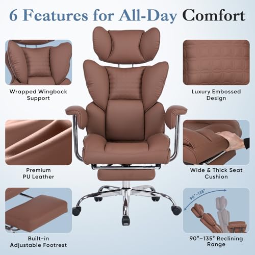 DUMOS Big and Tall Home Office Desk Chair, Executive Chair with Footrest - color: Brown, size: Fix Armrest
