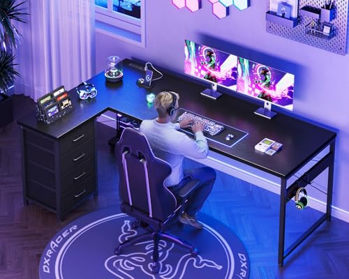 AODK 67" L Shaped Gaming Desk with 4 Drawers and Power Outlets, Black - color: Black, size: 67 Inch