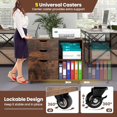 LOKO 3-Drawer File Cabinet, Rolling Lateral Filing Cabinet (Rustic Brown) - color: Rustic Brown