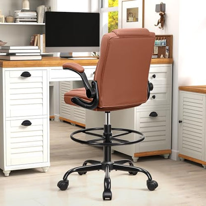 Drafting Chair, Tall Office Chair for Standing Desk, High Executive Leather Ergonomic Computer Chair with Adjustable Height and Flip-Up Armrest for Counter Height Desk, Brown, Pack of 1 - color: Brown