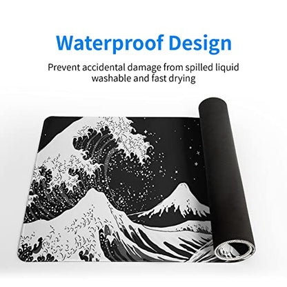 Black and White Japanese Wave Dragon Gaming Mouse Pad - Abstract Mat with Non-Slip Rubber Base, 31.5x11.8 Inch, Stitched Edges - Desk Pad for Office and Home - color: Japanese Waves Sea Dragon