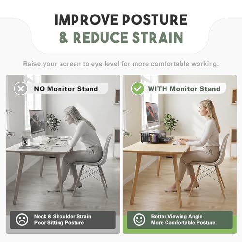 Metal Monitor Stand Riser with Heat Dissipation Holes, 2-Tier Computer Desk Organizer with Drawer & Pen Holders for Laptop, iMac, PC (Black)