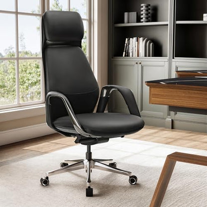 EUREKA ERGONOMIC Serene Executive Office Chair, Premium Nappa Leather High Back Boss Chair with Aluminum Base, Ergonomic Chair with Lumbar Support & Recline, Heavy Duty for Long-Hour Comfort, Black - color: Black