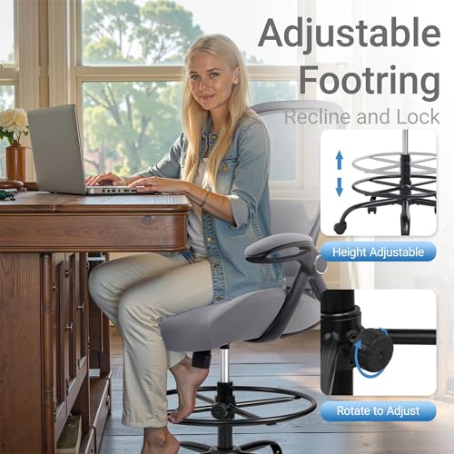 HYLONE 400lbs Heavy Duty Drafting Chair 5" Thickened Seat Office Chair with Flip-Up Armrests Tall Ergonomic Computer Chair with Lumbar Support and Adjustable Footrest Ring Standing Desk Chair(Grey) - color: Dark Drey