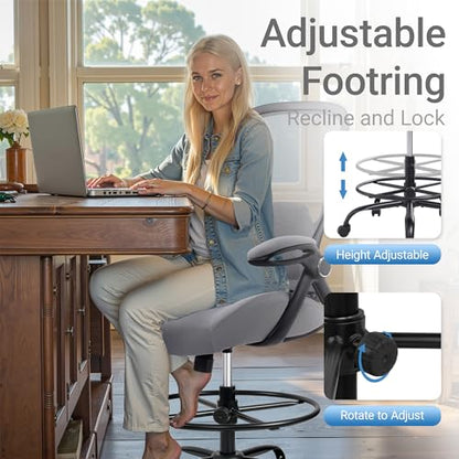 HYLONE 400lbs Heavy Duty Drafting Chair 5" Thickened Seat Office Chair with Flip-Up Armrests Tall Ergonomic Computer Chair with Lumbar Support and Adjustable Footrest Ring Standing Desk Chair(Grey) - color: Dark Drey