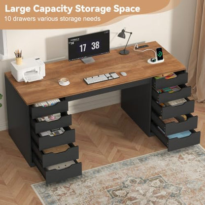 YOMILUVE 55 Inch Computer Desk with 10 Drawers and Outlets for Home Office - color: Brown and Black, size: 55inch-10drawers