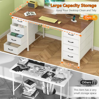 50 Inch Computer Desk with 8 Drawers for Home Office, Bedroom, Living Room - color: Brown and White, size: 18.9"D x 50.4"W x 29.3"H