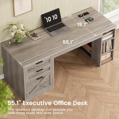 SEDETA 55.1" Farmhouse Office Desk with 3 Drawers for Home Office,Grey - color: Grey, size: Executive Office Desk (55")