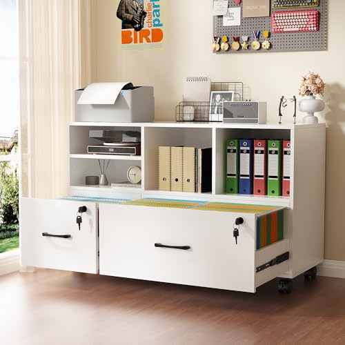 2 Drawer Mobile Lateral File Cabinet with Lock, Lockable Wood Filing Cabinet with Open Storage Shelves, Printer Stand Office Storage Cabinet for Home Office Fits Files Legal/A4 Size, White - color: White Mobile-2 Drawers
