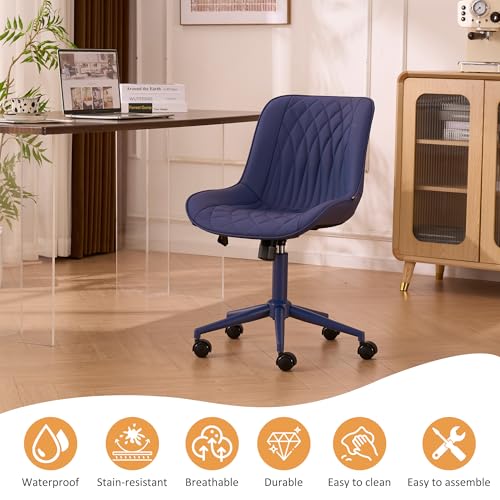 YOUNIKE Faux Leather Office Chair Ergonomic Desk Chair Armless Navy Blue | Ergonomic Upholstered Rocking Back, Swivel with Wheels, Height Adjustable, Modern Task Chair For Computer Sewing Drafting - color: Navy Blue