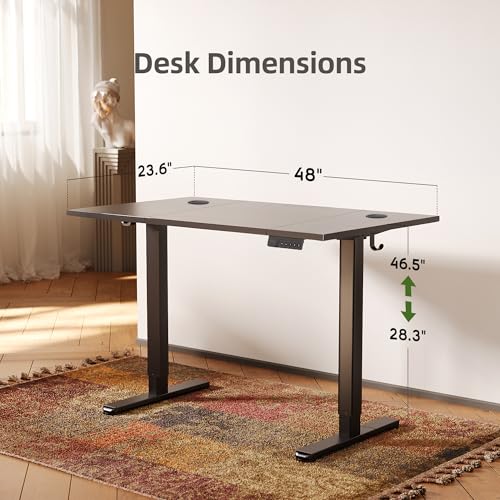 Claiks Electric Height Adjustable Standing Desk, 48x24 Inch, Deep Black | Smooth Height Adjustment, 3 Memory Presets, Cable management hub & hook, Stable Steel Frame, 156 lbs Capacity, Easy Assembly - color: Deep Black, size: 48