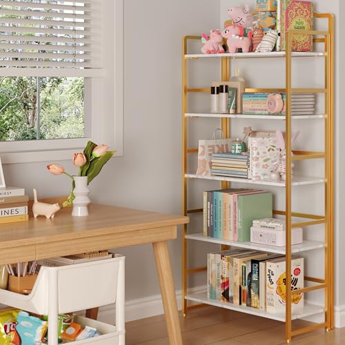 JSB 5 Tier No Assembly Folding Bookshelf, Arched Bookshelf, Foldable Bookcase for Living Room, Bedroom, Office,Skinny Bookshelf (White and Gold) - color: White and Gold, size: 5-Tier