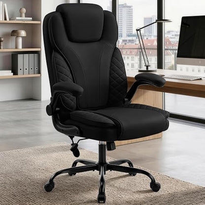 Ergonomic Office Chair, PU Leather High Back Executive Chair with Adjustable Inflatable Lumbar Support and Padded Flip-Up Arms, Recline Swivel Task Computer Chair for Home Office, Black - color: Black
