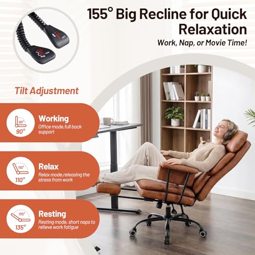 Big and Tall Office Chair, PU Leather High Back Executive Office Chair with Adjustable Lumbar Support, Gaming Chair with Padded Arm and Pillow, Height Adjustment, Footrest, Brown - color: Brown-1
