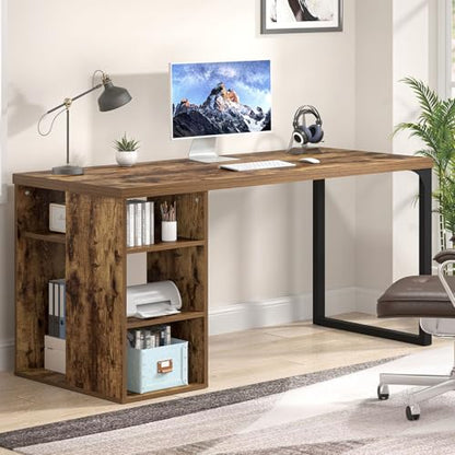 EXCEFUR Computer Desk for Home Office, Modern Writing Desk with Reversible Storage Shelves, Wood and Metal Gaming Study Table Workstations, 53 Inch, Rustic Brown - color: Brown