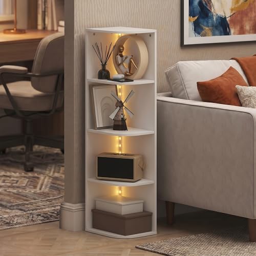Furinno PASIR Book Shelf with LED Lights, 4-Tier Bookshelf, Open Corner Shelf Bookcase, 9.3 x 12 x 41.4, for Home Office, Living Room, Study Room, White - color: White, size: 4-Tier LED