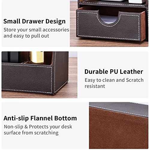 KINGFOM Pu Leather Desk Organizer Pen Pencil Holder Office Supplies Caddy Storage Box 6 Compartments with Drawer Brown - color: Brown