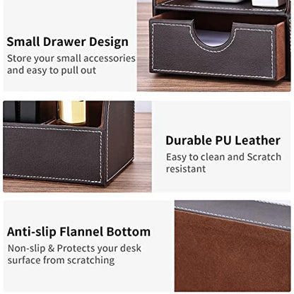 KINGFOM Pu Leather Desk Organizer Pen Pencil Holder Office Supplies Caddy Storage Box 6 Compartments with Drawer Brown - color: Brown