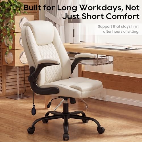 MALOL Leather Office Chair, Home Desk Chair with Flip-up Arms, Beige - color: Beige-new, size: Set of 1