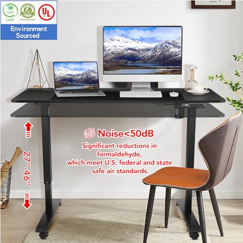 Electric Adjustable Standing Desk with Wheels, 63'' x 24'' Sit Stand with Dual Crossbeam Structure and Mouse Pad, 27''-46'' Lifting Range (Black) - color: Black, size: 63 x 24''